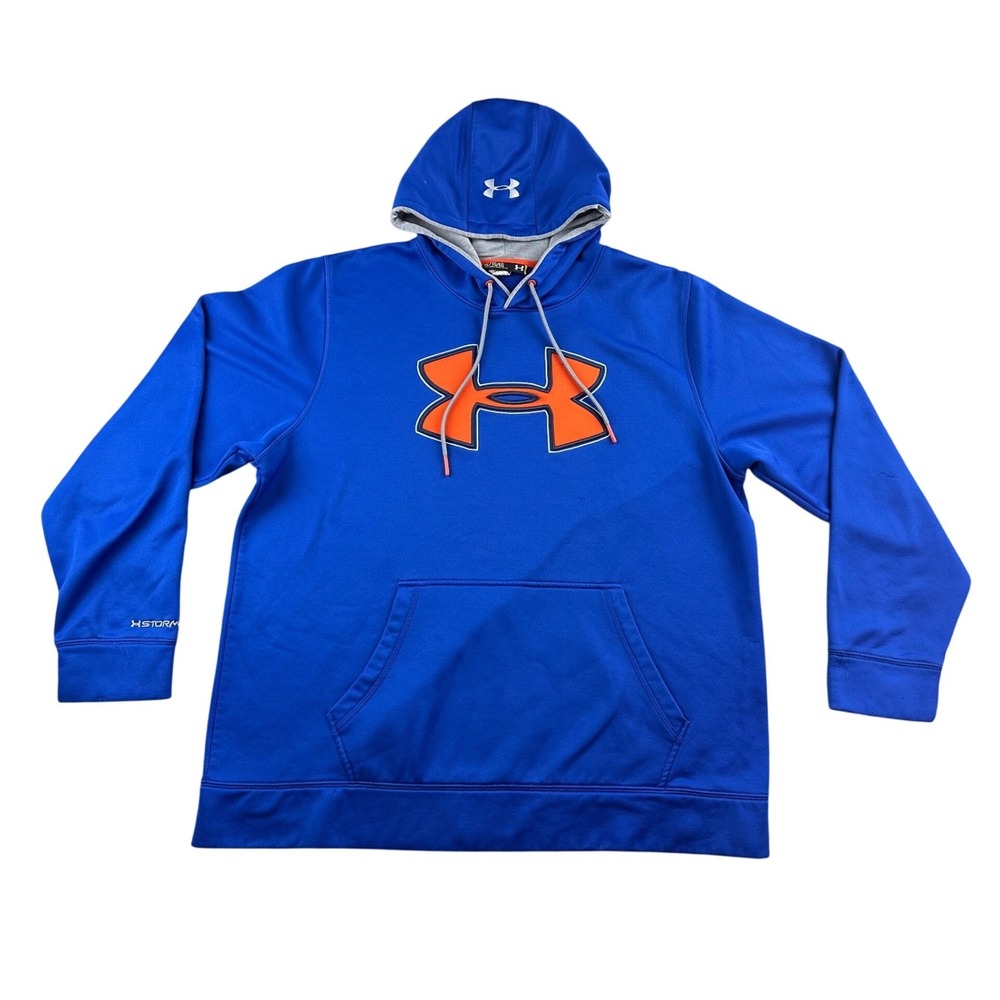 Under Armour Hoodie Men XL Blue Storm Loose Fit Orange Logo Pullover Streetwear